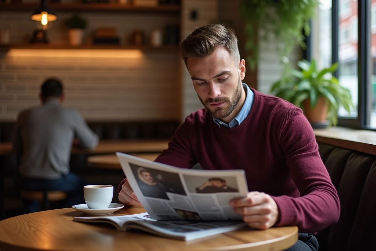 Homme moderne en pull bordeaux lisant un magazine de tendances masculines dans un café urbain cosy