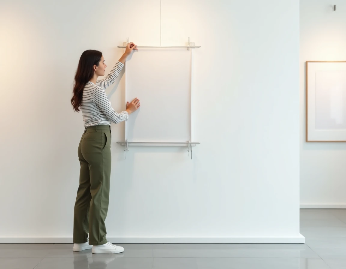 Jeune femme accrochant une grande affiche au format A1 sur un mur blanc de galerie avec une version A4 posée au sol pour comparaison de taille
