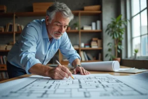 Architecte masculin étudiant des plans de maison sur une table à dessin dans un studio moderne