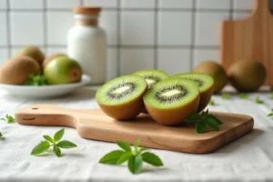 Kiwis coupés en deux sur une planche en bois révélant leur chair verte, entourés de feuilles de menthe dans une cuisine scandinave épurée
