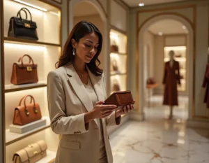 Intérieur d'une boutique de luxe haute couture avec une femme élégante examinant un sac en cuir dans un cadre raffiné aux sols en marbre