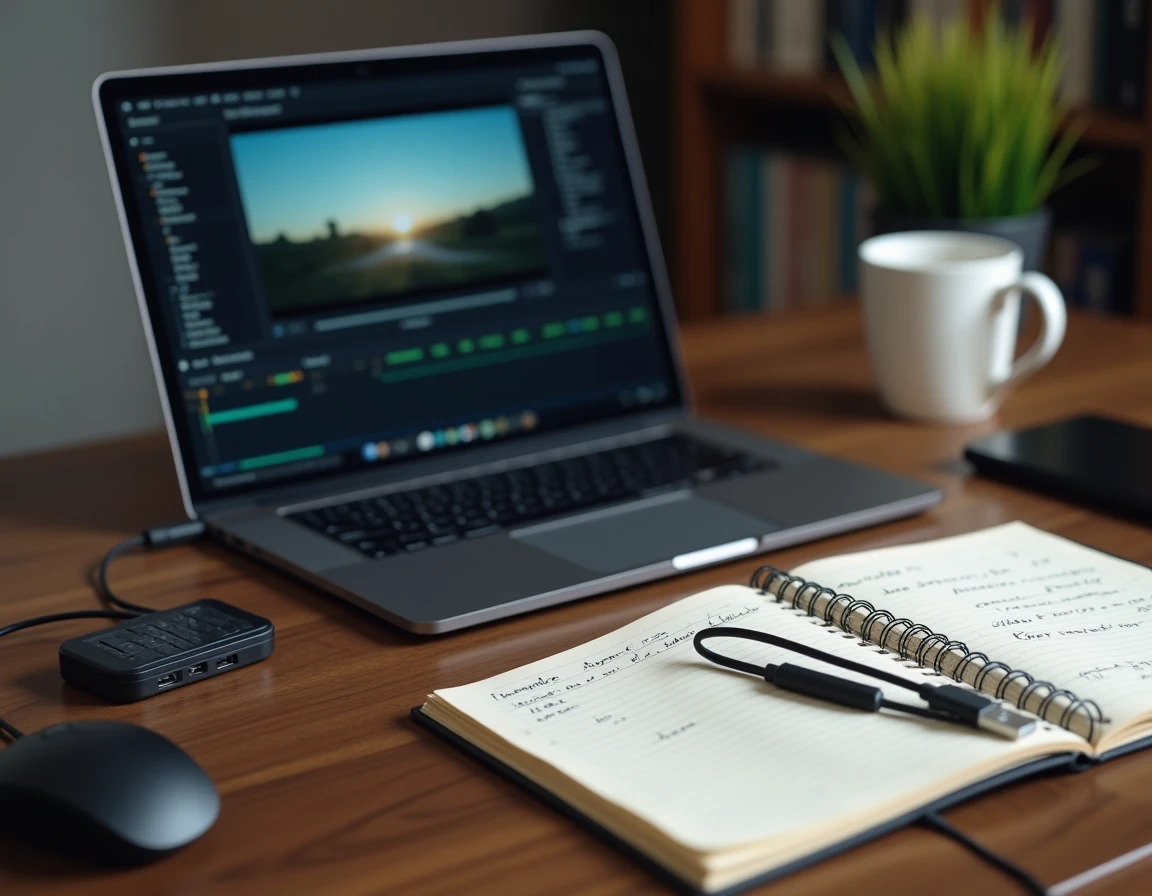 Vue en plongée d'un bureau avec laptop affichant des métadonnées de format vidéo, cahier de notes techniques et accessoires informatiques