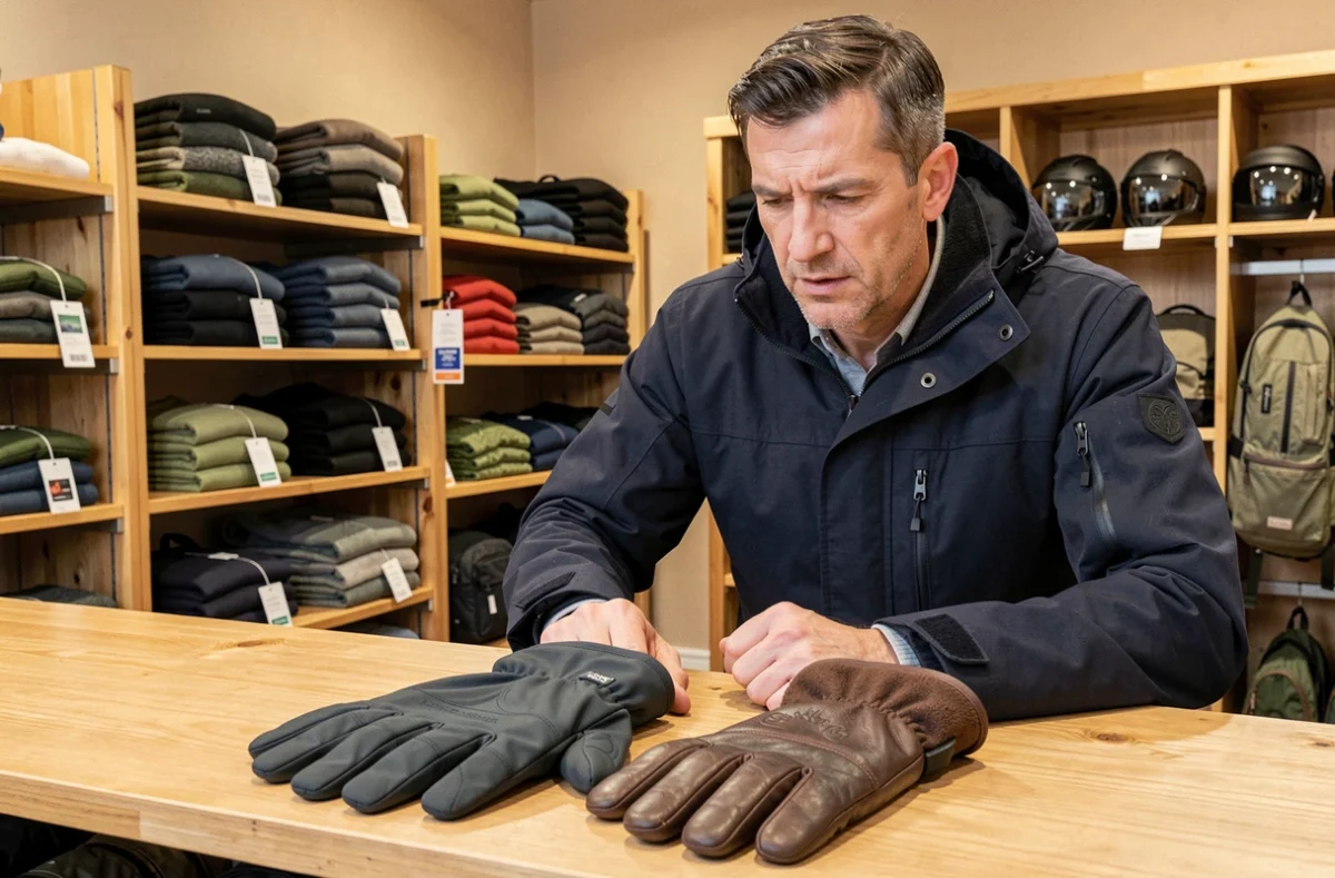 Homme comparant deux paires de gants d'hiver dans un magasin de sport