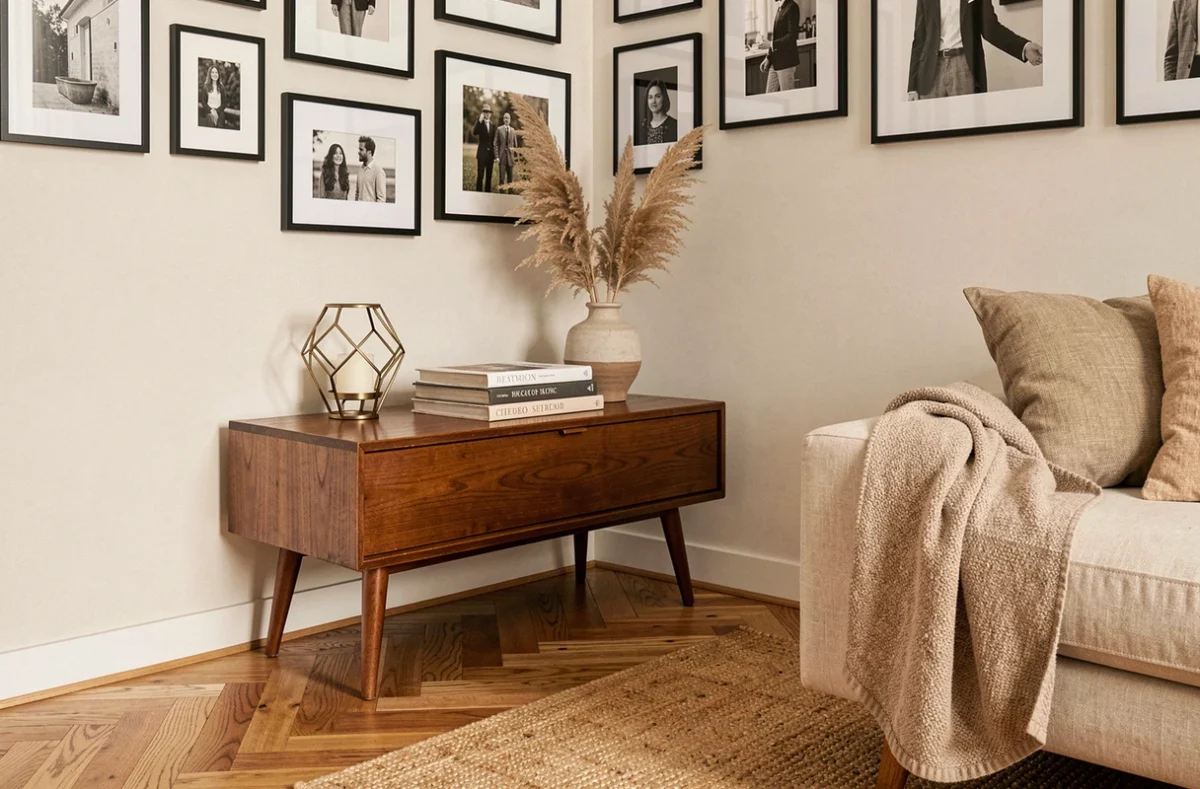 Coin salon décoré avec des trouvailles abordables incluant une table d'appoint vintage, des impressions encadrées et un tapis en jute pour un intérieur chic à petit budget