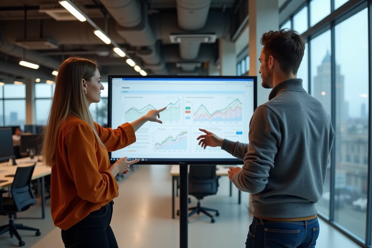 Deux collègues analysant des tendances et nouveautés du web sur un grand écran dans un bureau numérique moderne