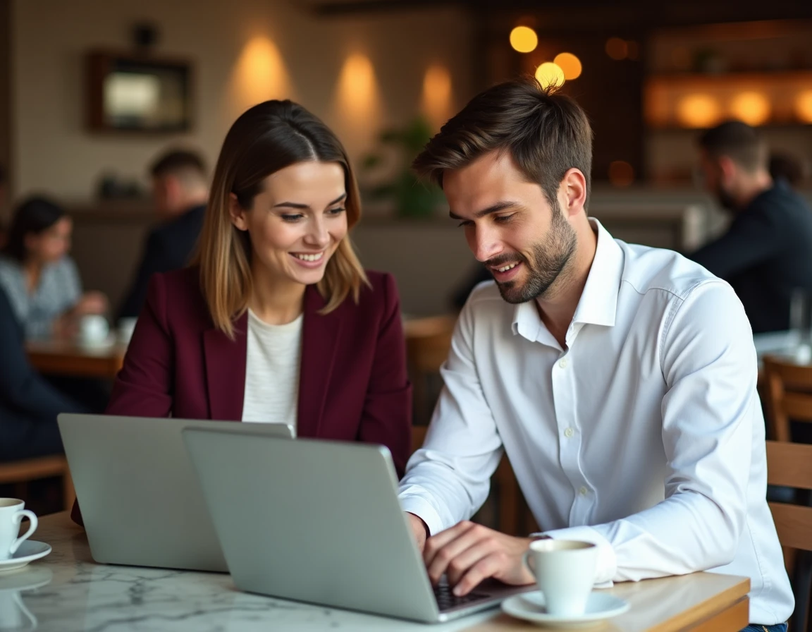 Deux collègues discutant de stratégies de recherche d'emploi en ligne dans un café