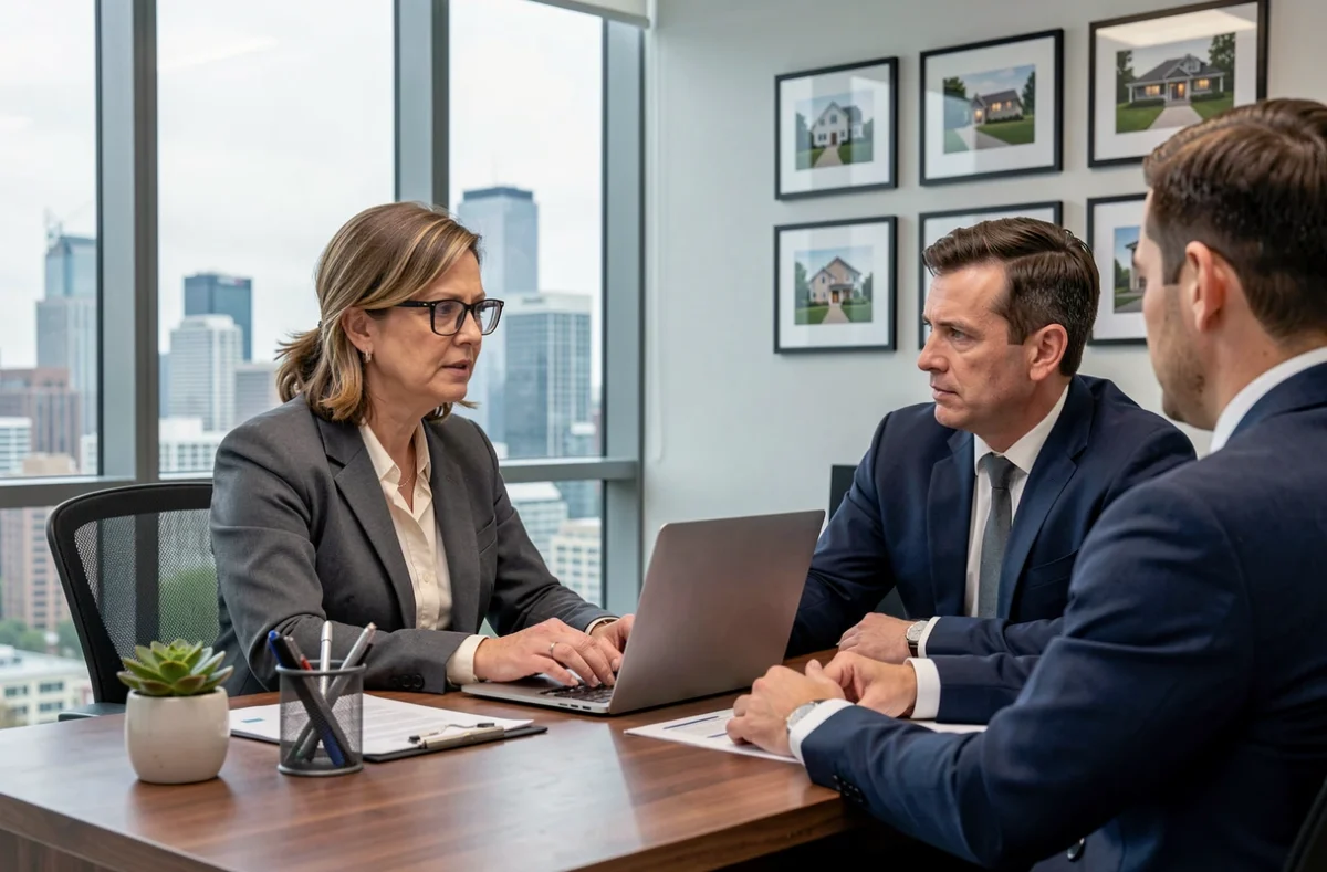 Femme consultant un agent immobilier dans un bureau professionnel pour un projet d'achat immobilier