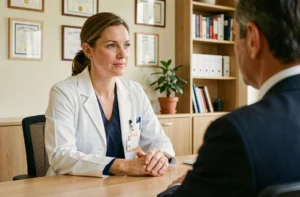 Médecin généraliste belge en consultation avec un patient dans un cabinet médical moderne et chaleureux