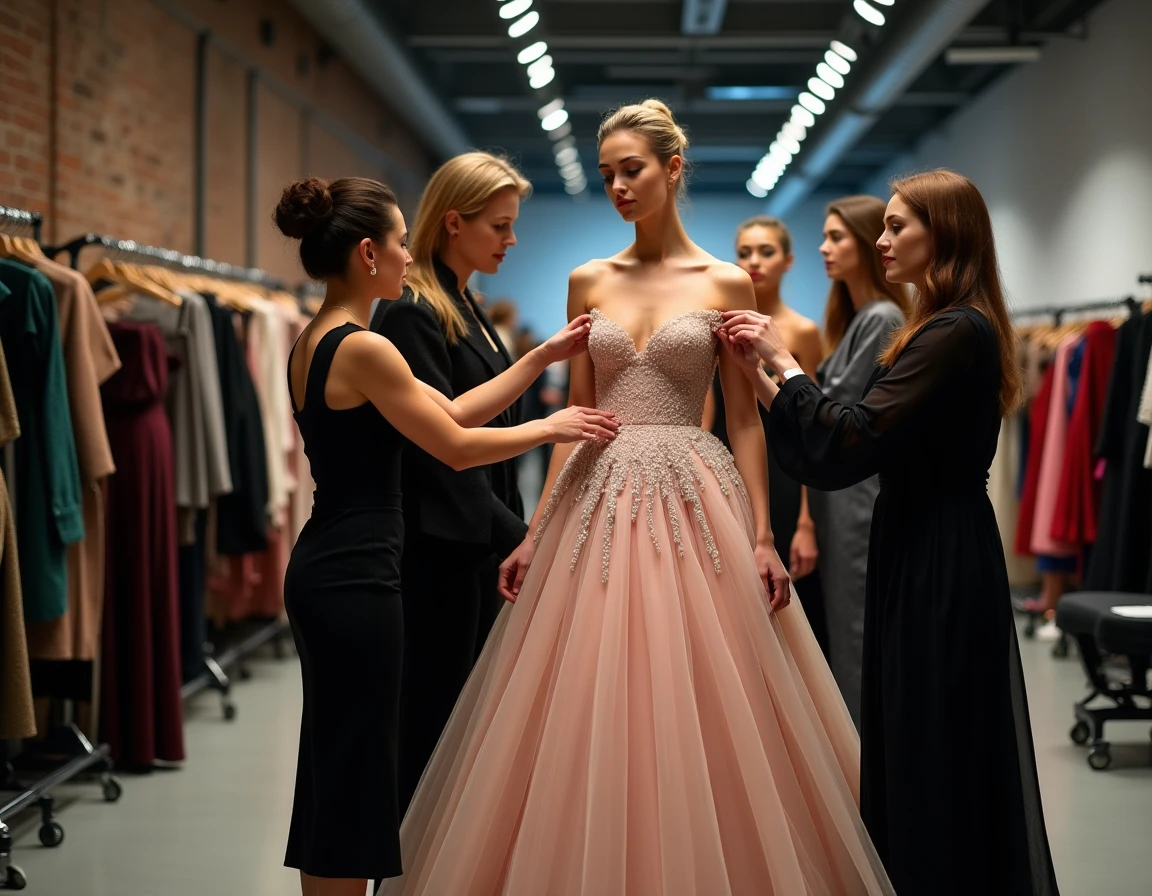 Coulisses d'un défilé haute couture avec des stylistes ajustant une robe sur une mannequin entourée de portants de vêtements luxueux