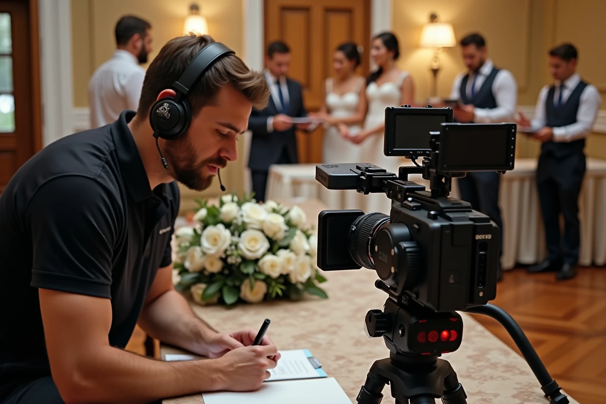 Coulisses d'un tournage de mariage télévisé avec caméraman et équipe de production dans un décor de réception