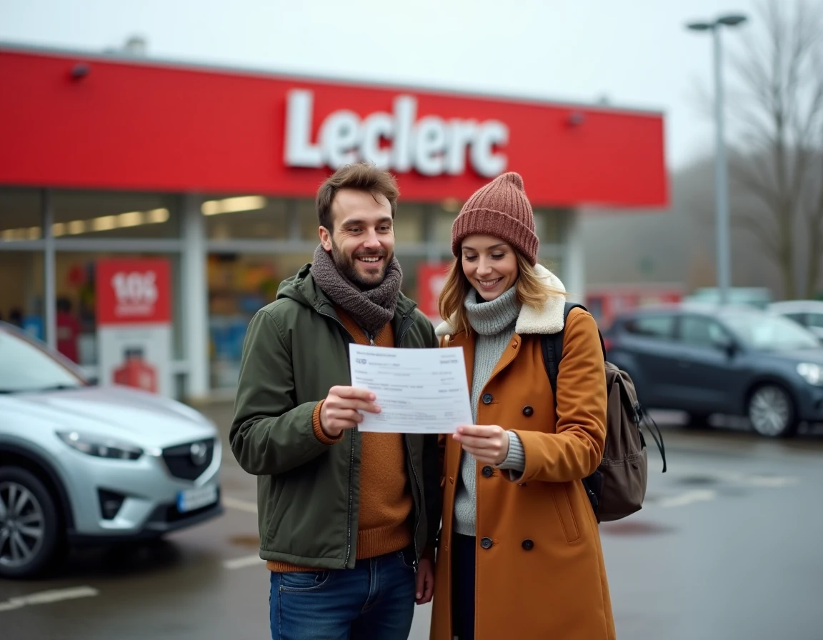 Couple consultant un chèque différé Leclerc sur le parking du magasin en automne