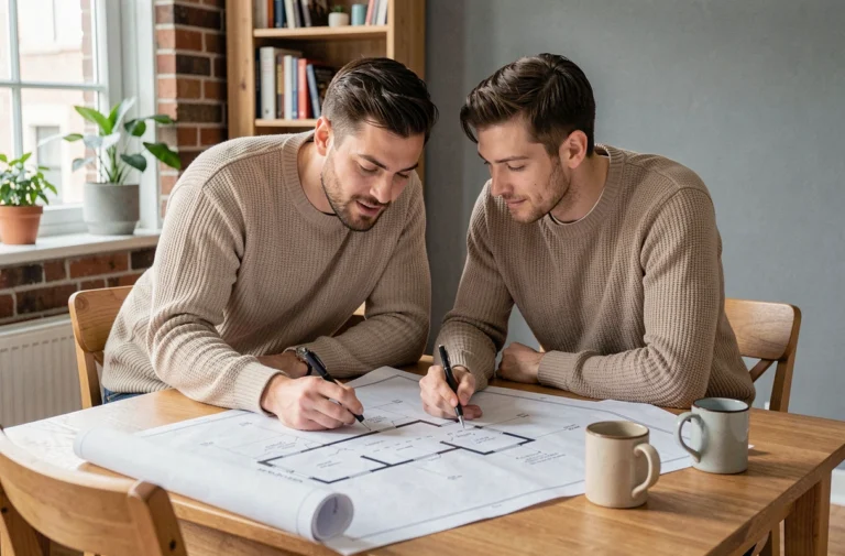 Couple étudiant des plans immobiliers sur une table en bois dans un appartement moderne, projet immobilier en famille