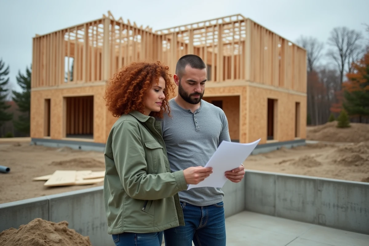 Couple debout sur les fondations de leur future maison en construction sur un chantier