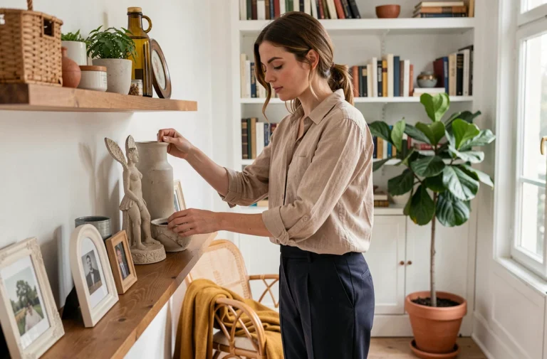 Jeune femme arrangeant des objets décoratifs abordables sur une étagère murale en bois dans un appartement parisien au style chic et économique