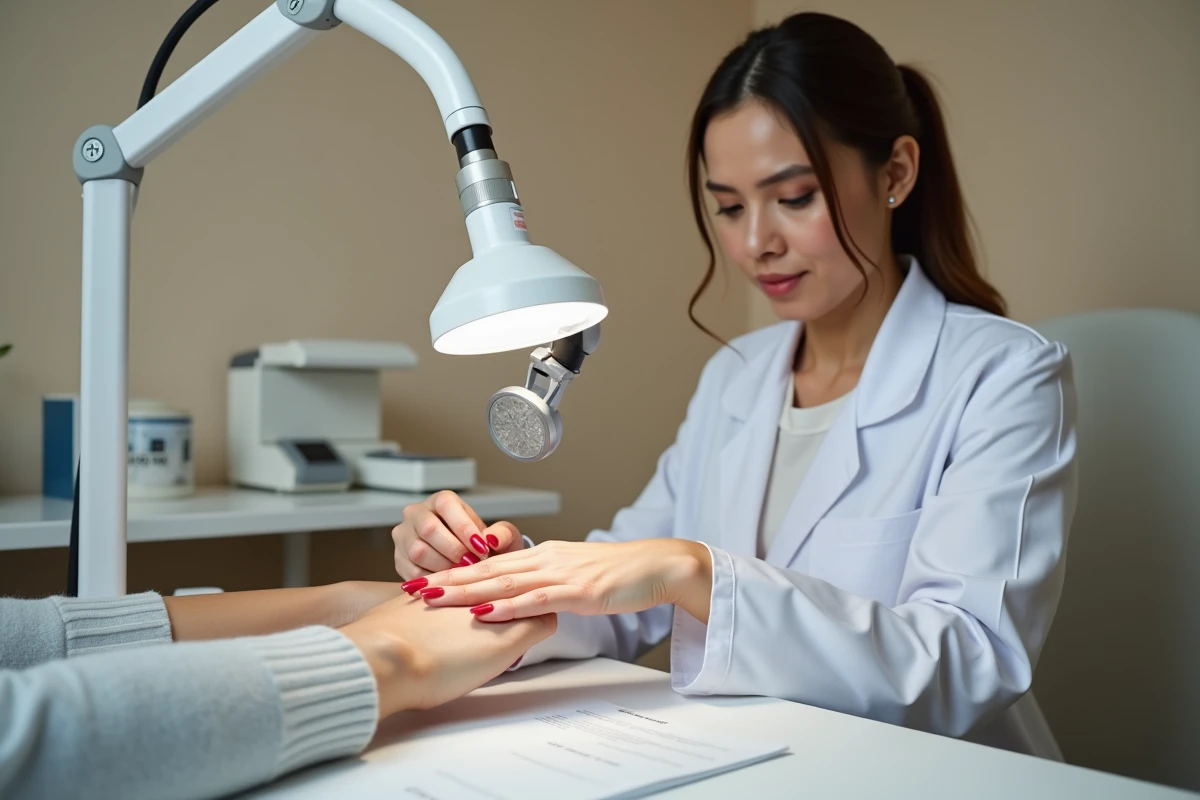 Dermatologue examinant des ongles naturels endommagés après usage répété de gel en cabinet médical