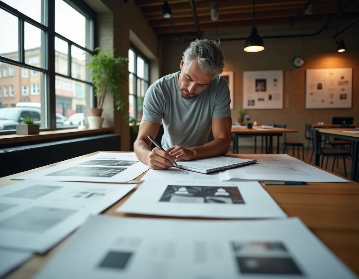 Designer graphique mesurant et comparant des formats d'affiche papier standard sur une table de travail en bois dans un studio créatif