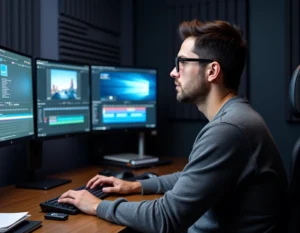 Éditeur vidéo professionnel analysant la qualité et les formats vidéo sur plusieurs écrans dans un studio de montage moderne