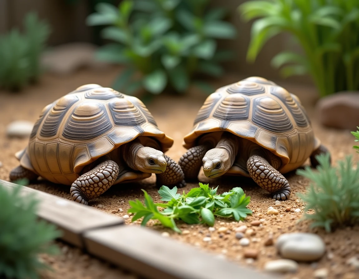 Vue aérienne d'un enclos extérieur pour tortues Hermann avec deux individus interagissant près d'un point de nourrissage