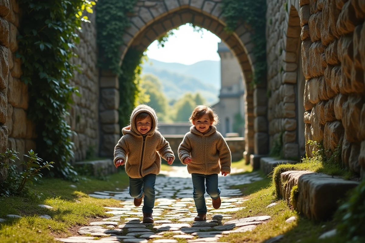 Deux enfants explorant un vieux château couvert de lierre