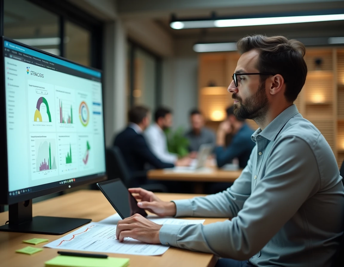Entrepreneur analysant une stratégie de services B2B personnalisés sur un écran dans un espace de coworking moderne