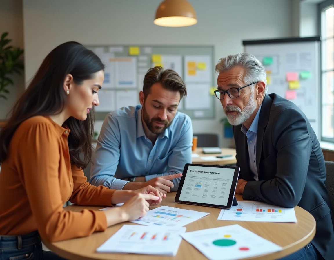 Équipe de consultants B2B collaborant autour d'une feuille de route de services personnalisés dans un bureau moderne