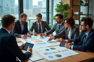 Groupe de professionnels discutant autour de tableaux infographiques modernes