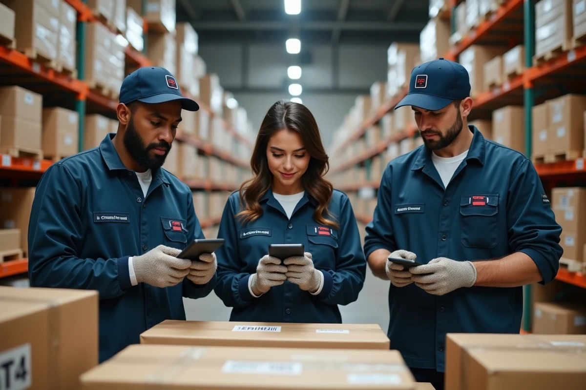 Employes de logistique scannant des colis en entrepot