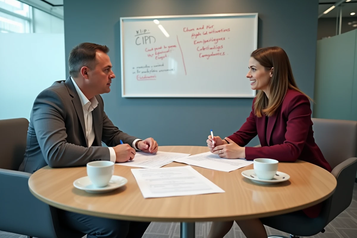 Deux professionnels RH comparant les équivalences entre la certification CIPD niveau 5 et les diplômes français lors d'une réunion d'entreprise