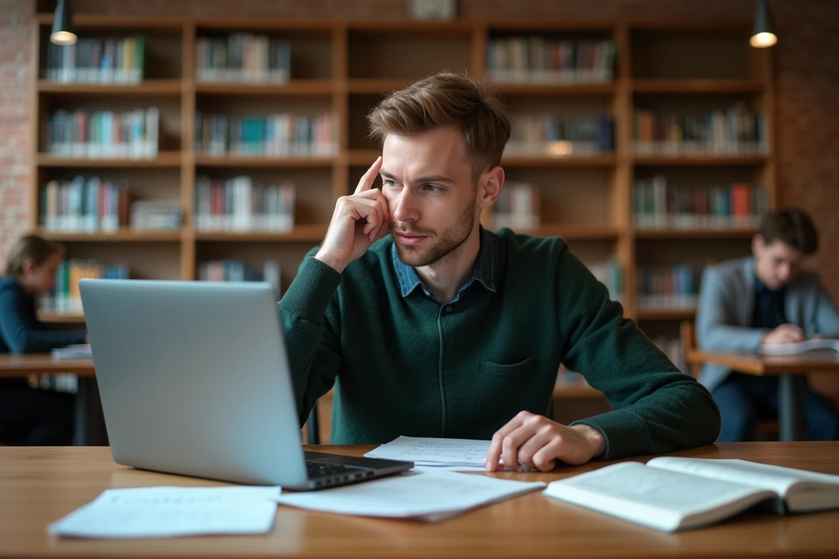 Jeune homme étudiant la qualification CIPD niveau 5 et ses équivalences françaises dans une bibliothèque universitaire avec manuels et notes de cours