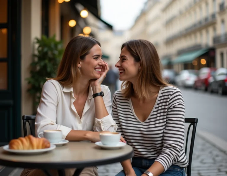Deux femmes françaises échangeant un moment chaleureux dans un café parisien, illustrant l'expression affectueuse 'ma belle' utilisée entre amies