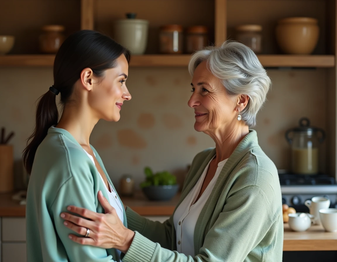 Une femme âgée exprimant de la tendresse envers une femme plus jeune dans une cuisine provençale, évoquant l'usage maternel et affectueux de l'expression 'ma belle' en France