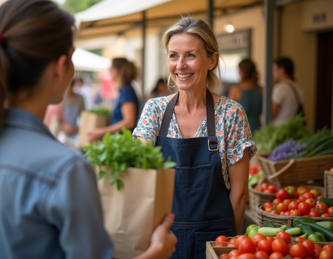 Une commerçante de marché provençal souriant chaleureusement à une cliente, illustrant l'usage populaire et quotidien de l'expression 'ma belle' dans la vie française