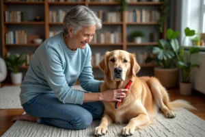 Femme douce caressant son chien golden retriever dans un salon chaleureux