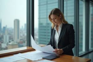 Femme d'affaires en tailleur examine des plans dans un bureau moderne