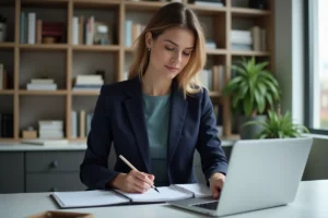 Femme en bureau moderne travaillant sur son ordinateur