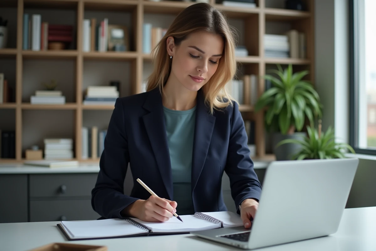 Femme en bureau moderne travaillant sur son ordinateur