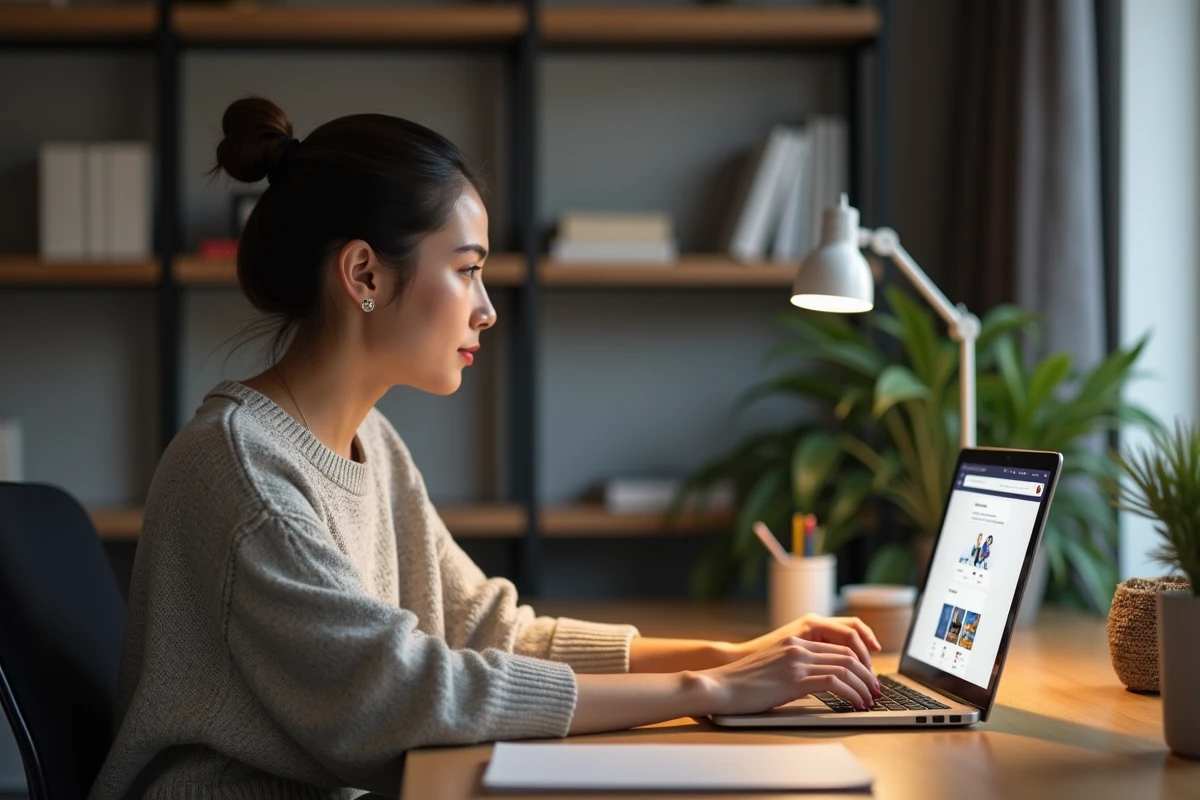 Femme assise à un bureau moderne compare des moteurs de recherche