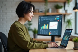 Femme utilisant un ordinateur portable pour suivre les tendances web et l'actualité numérique depuis son bureau à domicile