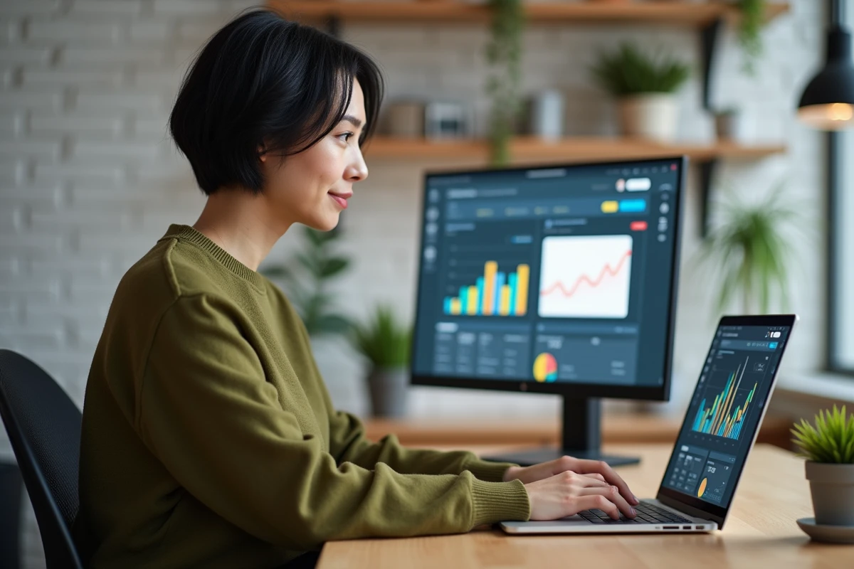 Femme utilisant un ordinateur portable pour suivre les tendances web et l'actualité numérique depuis son bureau à domicile