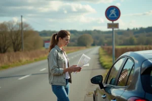 Femme regardant une carte près d'une voiture en campagne