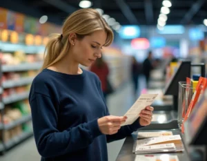 Femme examinant un chèque différé Leclerc près d'une caisse de supermarché