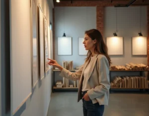 Femme comparant différents formats d'affiche papier dans une imprimerie moderne avec des murs en briques apparentes