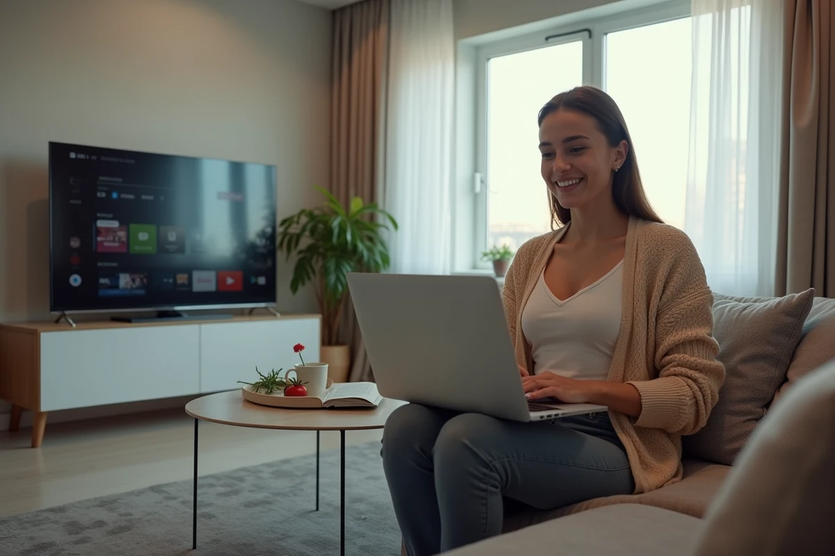 Femme souriante suivant instructions pour Android TV