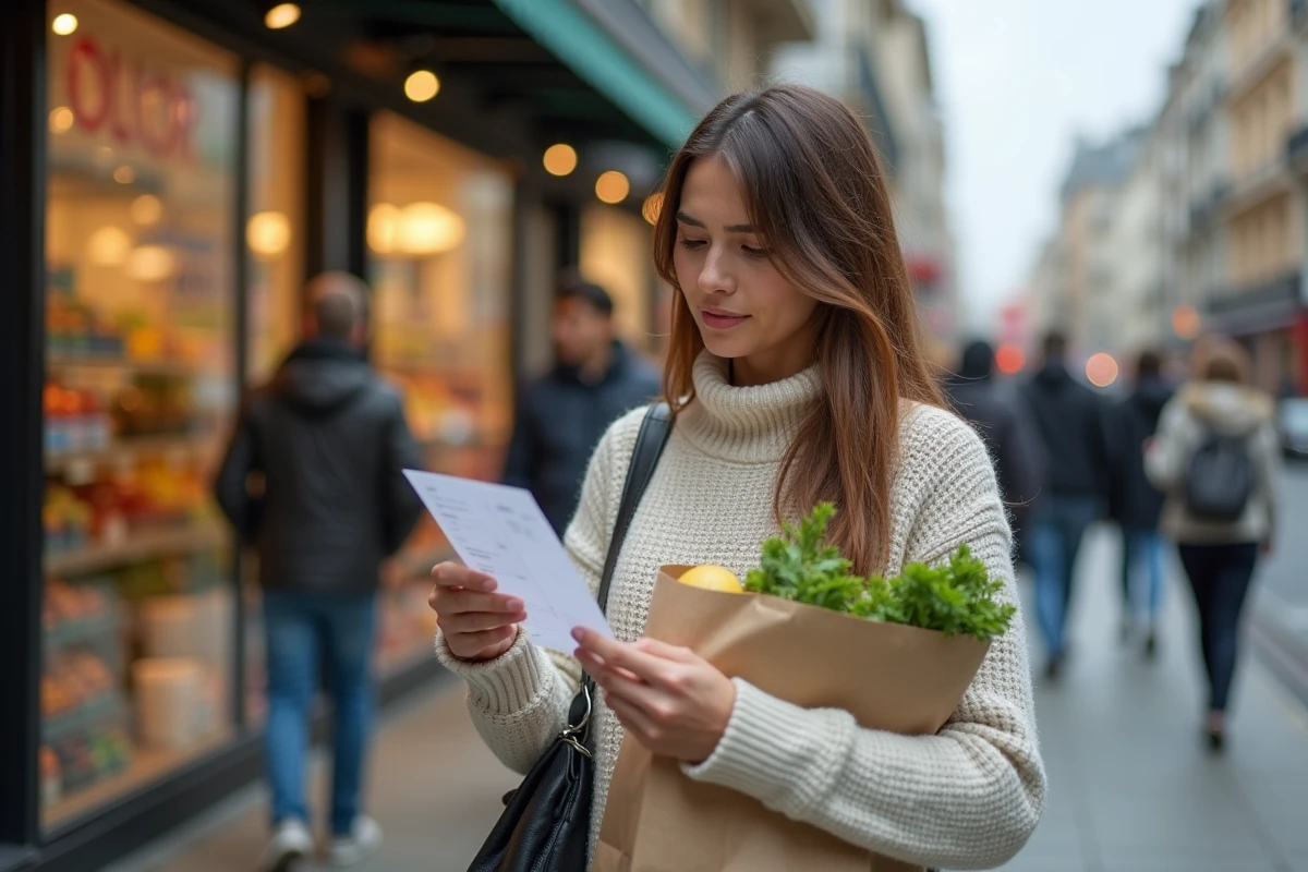Jeune femme vérifiant ses courses avec un reçu dans la rue