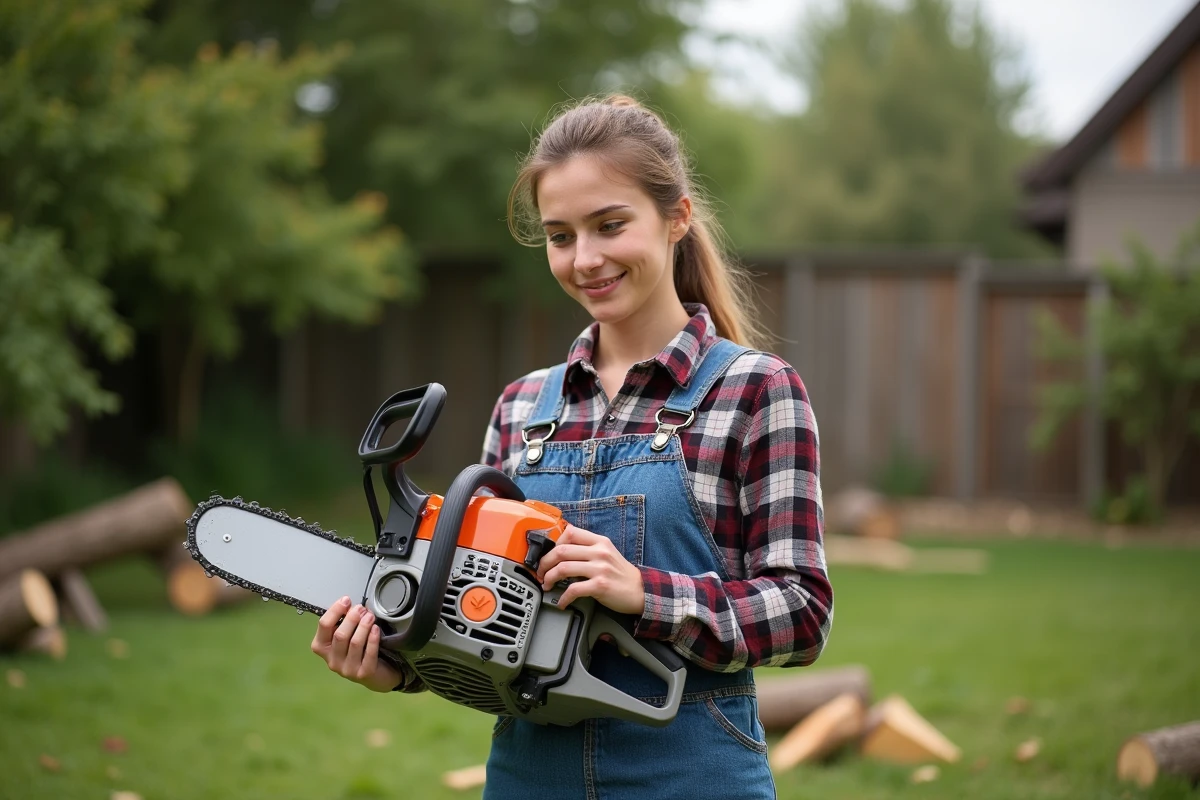 Jeune femme en jardin tenant une chainsaw et regardant les instructions