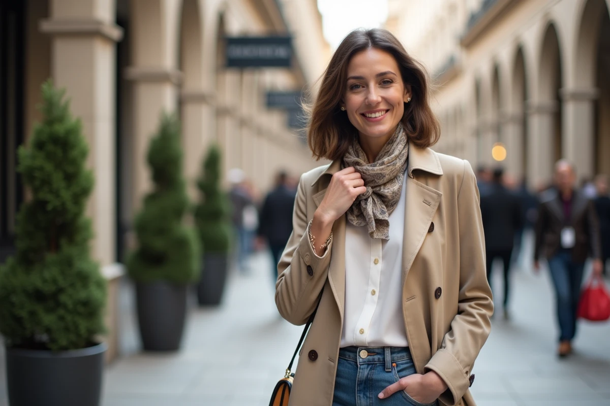 Femme élégante en trench beige dans une ville animée