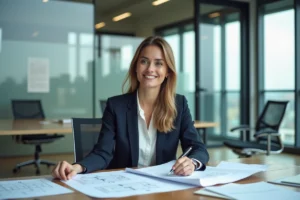 Femme confiante en bureau moderne examine plans