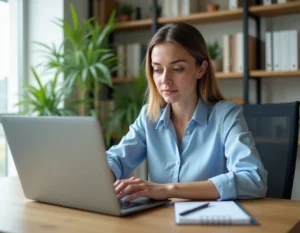 Femme cherchant un emploi en ligne sur son ordinateur portable depuis son bureau à domicile