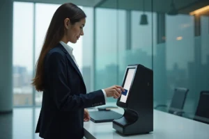 Femme professionnelle scannant une carte RFID au bureau
