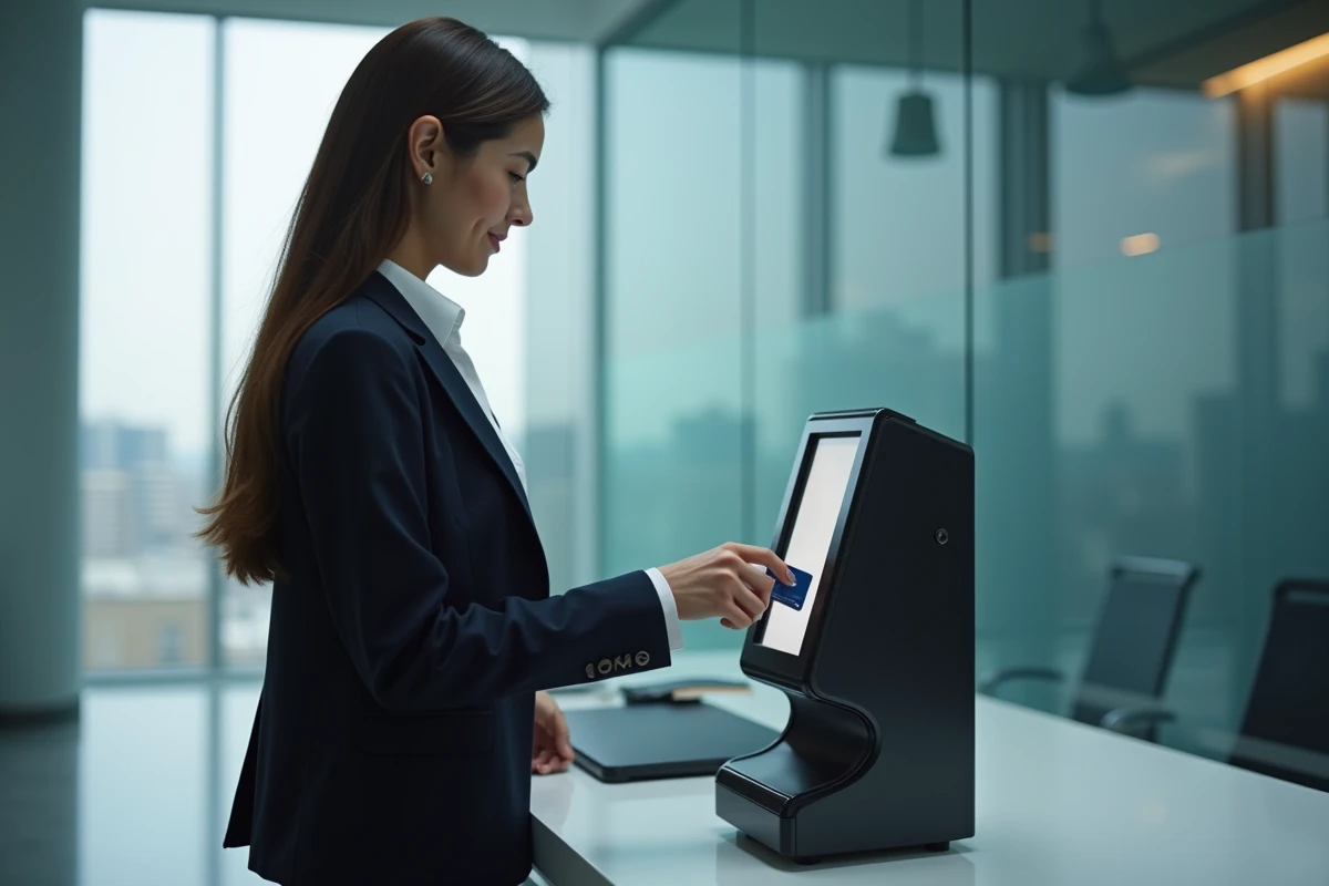 Femme professionnelle scannant une carte RFID au bureau